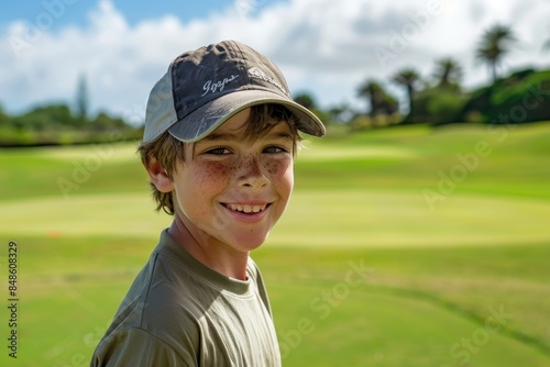 Happy caucasian boy at golfing training lesson, smiling at the camera on a sunny golf course, surrounded by lush green. Practicing his swing with enthusiasm, enjoying the sport and learning experience