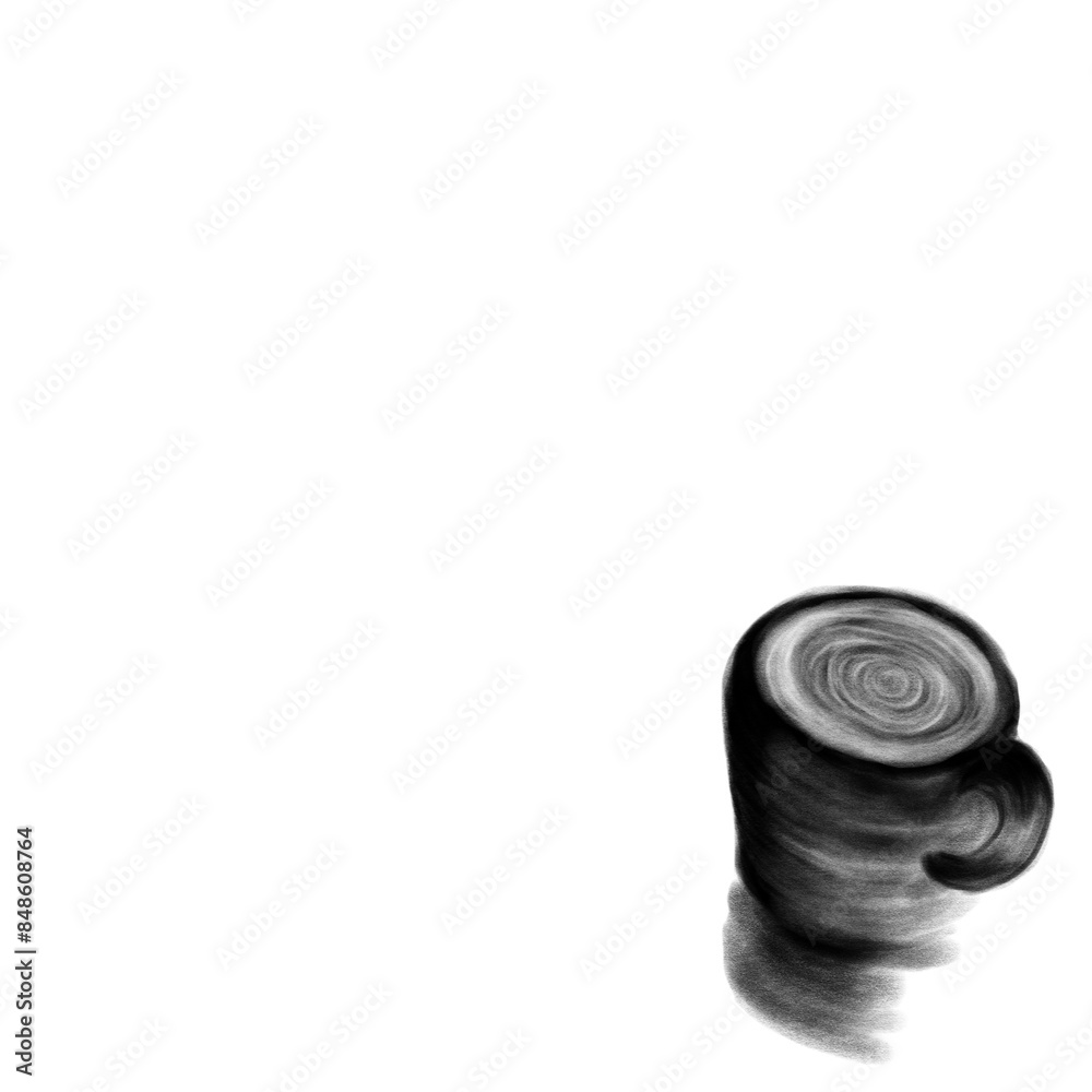 Black and white drawing, line drawing, pencil, coffee cup, white background Black and white drawing, line drawing, pencil, coffee cup, white background
