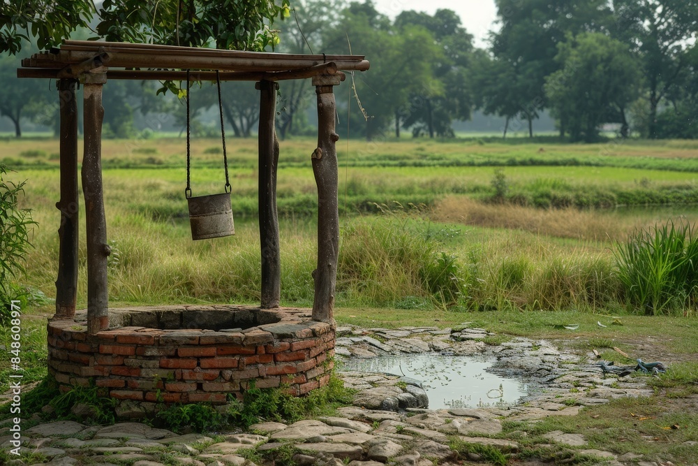 A traditional well with an iron bucket hanging from the wooden frame, set in front of a grassy field and surrounded by cobblestone paths A traditional well with an iron bucket hanging from the wooden frame, set in front of a grassy field and surrounded by cobblestone paths