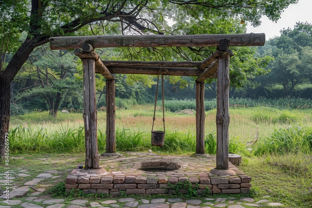 A traditional well with an iron bucket hanging from the wooden frame, set in front of a grassy field and surrounded by cobblestone paths A traditional well with an iron bucket hanging from the wooden frame, set in front of a grassy field and surrounded by cobblestone paths