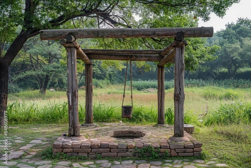 A traditional well with an iron bucket hanging from the wooden frame, set in front of a grassy field and surrounded by cobblestone paths © Kaleb