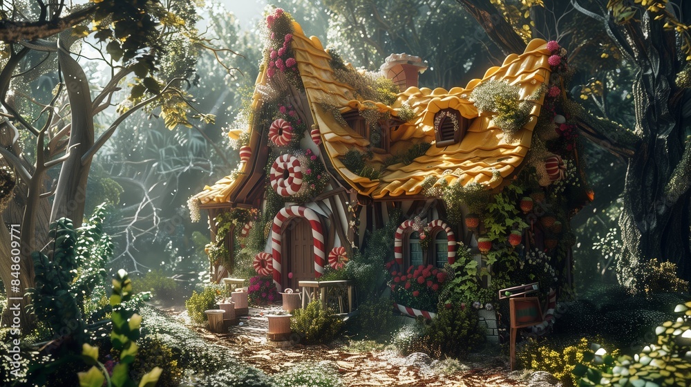 Fototapeta premium House made of giant sweets and chocolates in the magical and enchanted forest in the fantasy world
