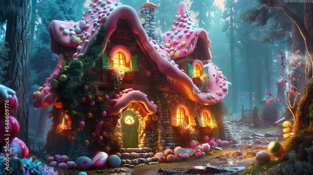 Obraz premium House made of giant sweets and chocolates in the magical and enchanted forest in the fantasy world
