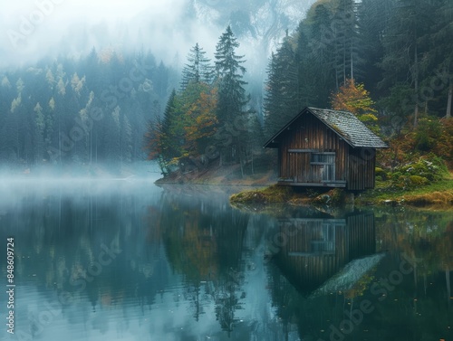 morning view of little old hut near lake with reflection, fog, rule of third, copyspace area - ai