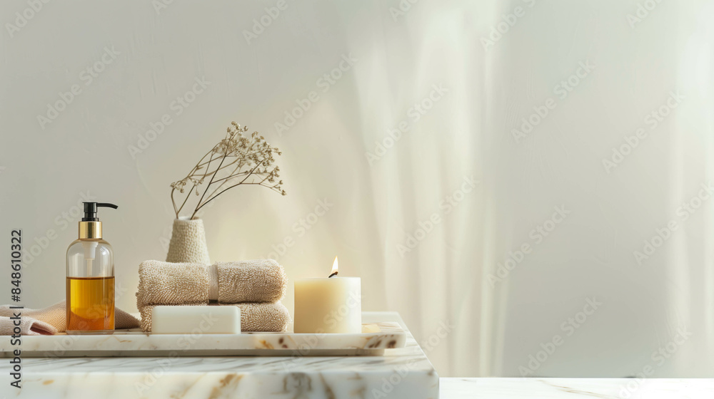 Elegant spa setup with candle, towels, and soap on a marble tray Elegant spa setup with candle, towels, and soap on a marble tray