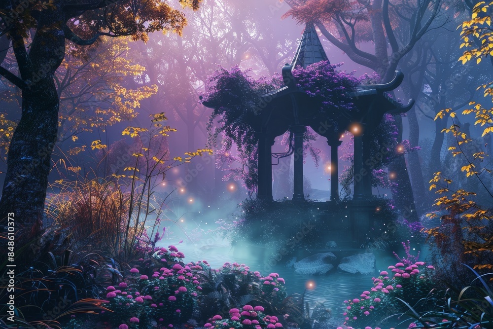 Fototapeta premium Wishing well in enchanted forest with colorful vegetation, purple mist and glowing lights