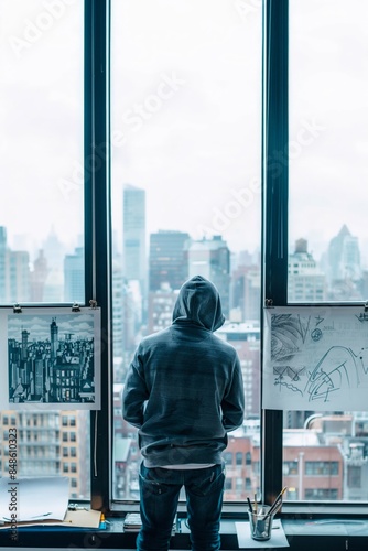 Back view of a male artist in a hoodie looking out a window in a high-rise studio, surrounded by urban sketches © ALLAI
