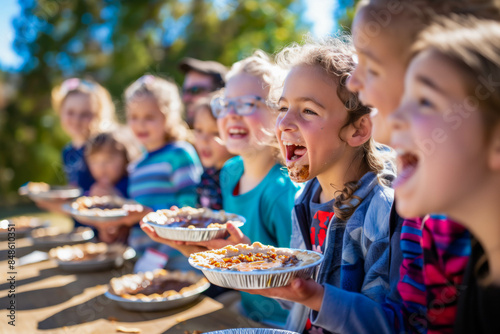 Fototapeta Naklejka Na Ścianę i Meble -  Children enjoying a pie-eating contest at a fall festival