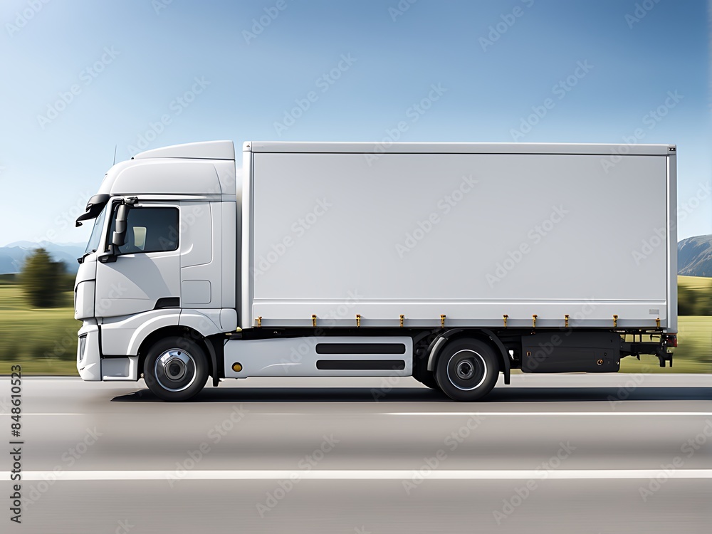  A white cargo truck design with a white blank empty trailer for an ad on a highway road in Europe design. 
