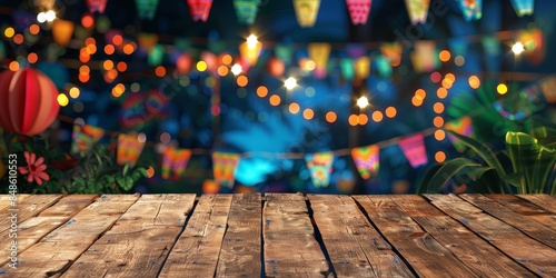 Wooden table at an outdoor Festa Junina, Brazilian Festa Junina decoration