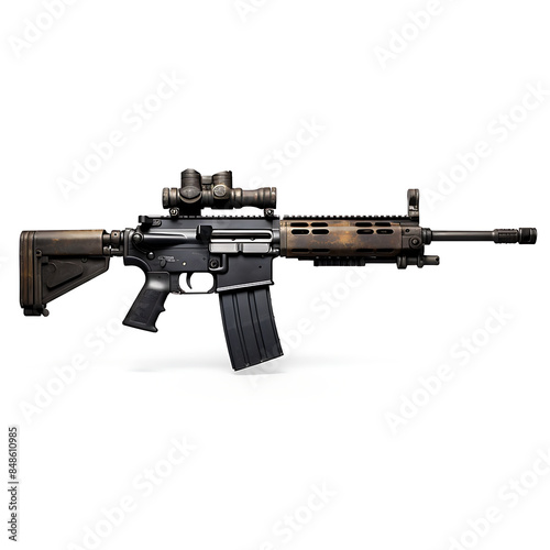 Modern assault rifle on a black background with reflection. Studio shot.
