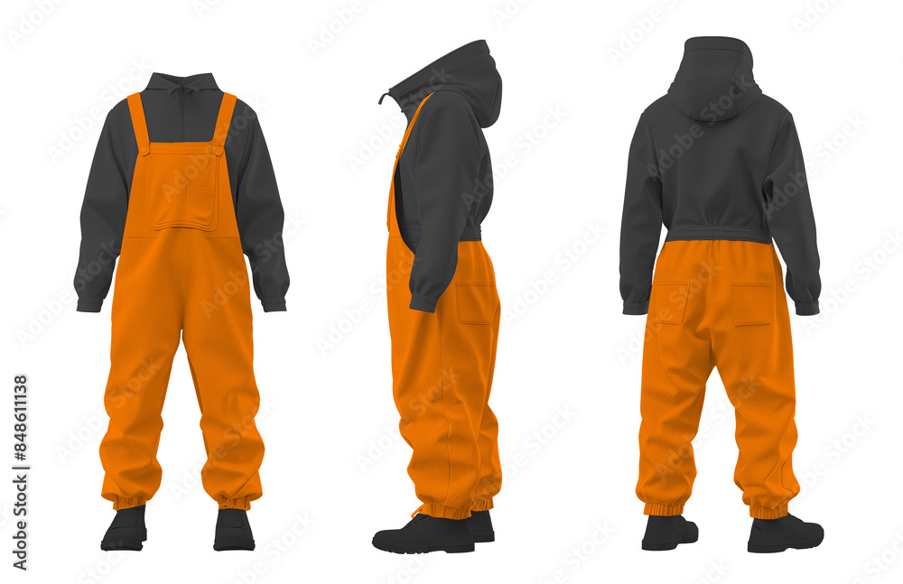 Orange overalls with black hoodie front, side, and back view