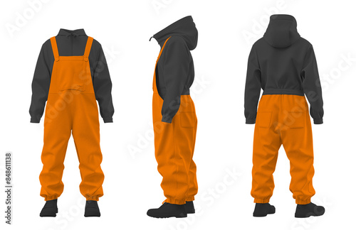 Obraz na płótnie Orange overalls with black hoodie front, side, and back view w salonie