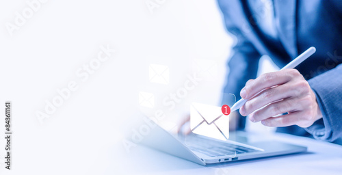 business communication contact newsletter concept. icon new email, send an information message email from the tablet. smart SMS mail on digital. marketing social media. write text on the web photo