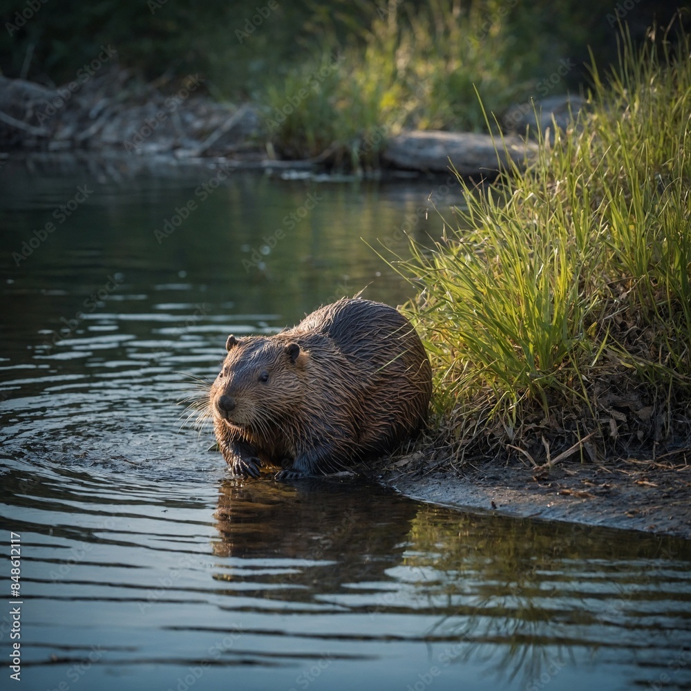 A tranquil lake scene with a beaver building a dam. A tranquil lake scene with a beaver building a dam.