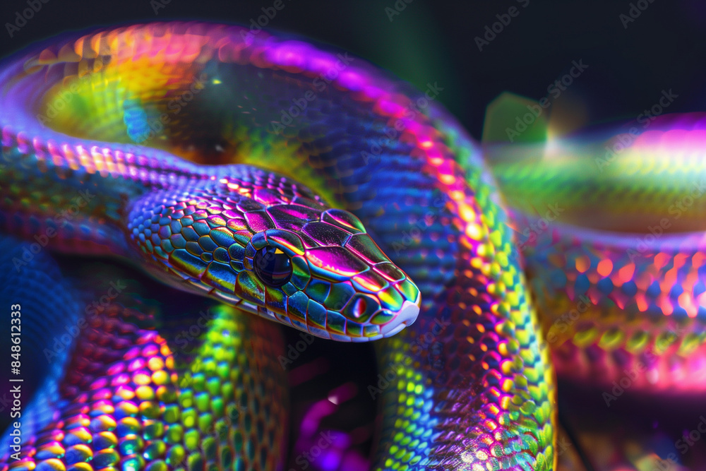 Fototapeta premium A luxurious background for a New Year's banner symbolizing the year of the snake. A snake in a holographic rainbow color