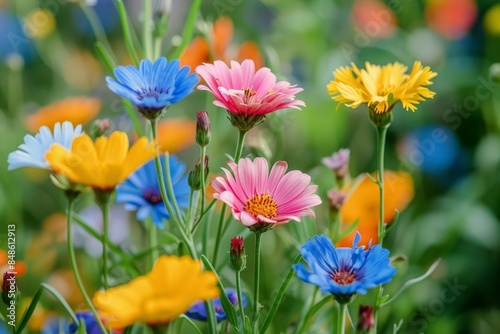 Vibrant Wildflowers in Bloom: Colorful Garden with Pink, Blue, and Yellow Flowers in a Lush Green Meadow