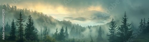 Misty Morning in the Mountains: Serene Landscape with Pine Trees and Rolling Hills Shrouded in Fog at Sunrise photo