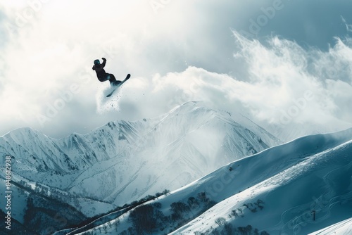 A snowboarder performing an aerial trick against a backdrop of snowy mountains