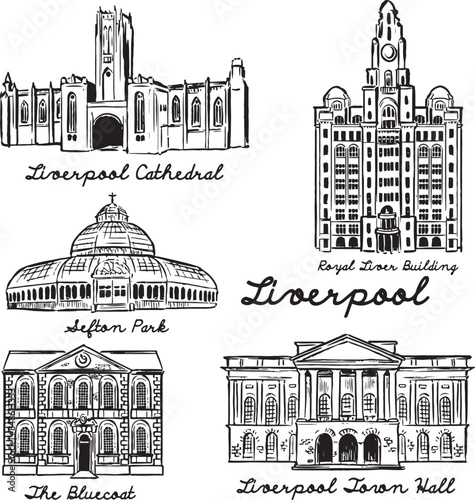 Liverpool tourist attractions vector drawings. Cathedral, Sefton Park, Royal Liver Building, Liverpool Town Hall ink illustration. Old architecture structures sketches. Europe England landmarks.