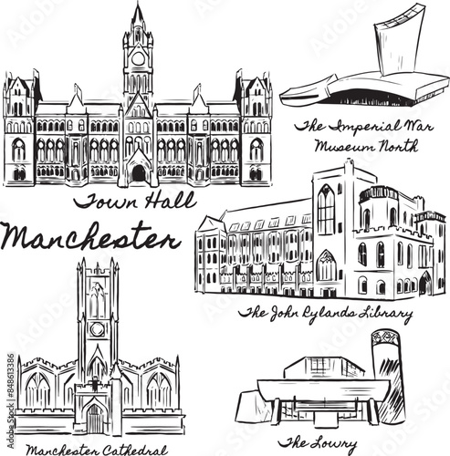 Manchester landmarks ink illustrations. Famous tourist attractions isolated vector drawings.England historical and modern spots Town Hall, Cathedral , The Lowry, John Rylands library sketches. 