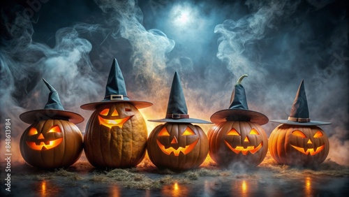 Eerie arrangement of spooky orange pumpkins, one adorned with a witch's hat, standing in a row on a dark background, shrouded in mystical fog.