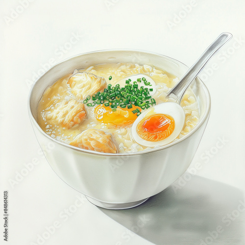 Chicken RICE PORRIDGE with egg  in White Bowl, drawig, White background photo