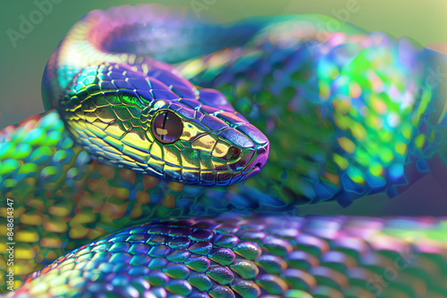 A luxurious banner with the symbol of the year - a snake. Holographic snake of rainbow color, on a green background