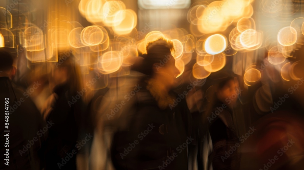 Fototapeta premium Faint movements and dim shapes merging into a sea of auctiongoers.