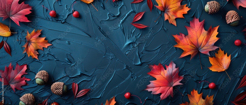 3D fall leaves and acorns on matte surface, vibrant tones, copy space, 3D fall leaves and acorns on matte surface, vibrant tones, copy space,