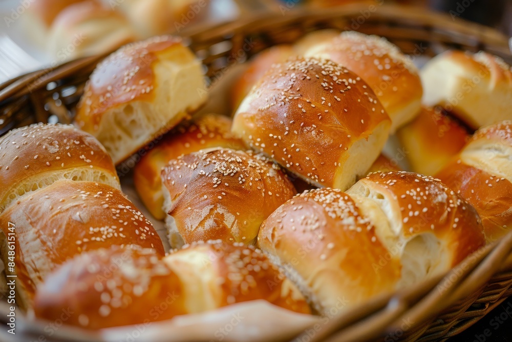 A selection of freshly baked bread rolls arranged in a basket A selection of freshly baked bread rolls arranged in a basket