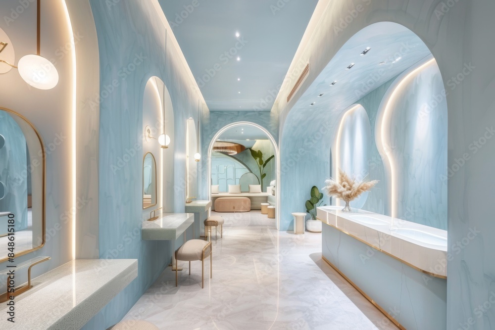 A serene beauty salon with calming blue tones and soft lighting A serene beauty salon with calming blue tones and soft lighting