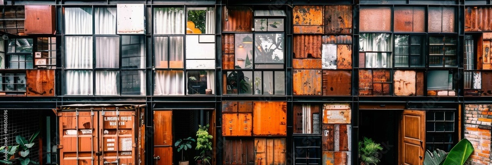 Obraz premium A grungy building with a variety of windows and doors made from recycled materials. AI.