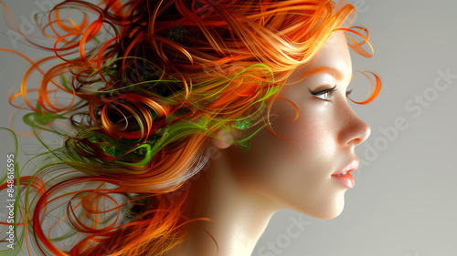 A woman with long red hair and green and yellow streaks. The hair is styled in a spiral