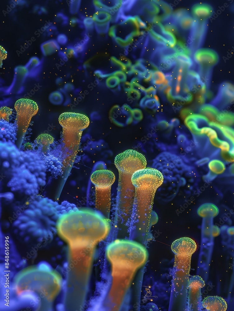 Naklejka premium Bioluminescent coral glows under the sea. AI.