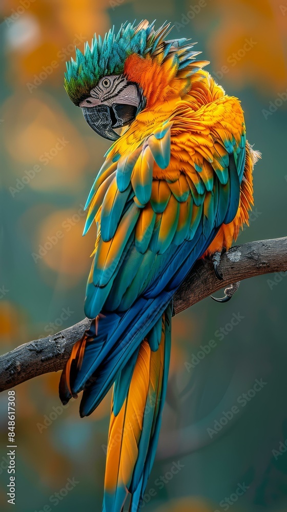 Obraz premium A colorful parrot perches on a branch. AI.