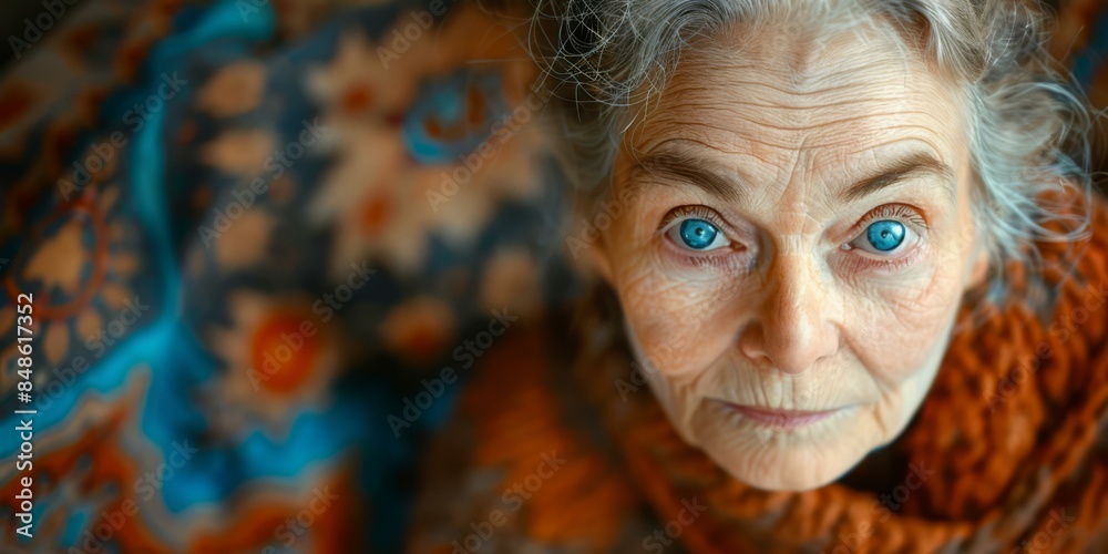 Close-up portrait of an elderly woman with blue eyes. AI. Close-up portrait of an elderly woman with blue eyes. AI.