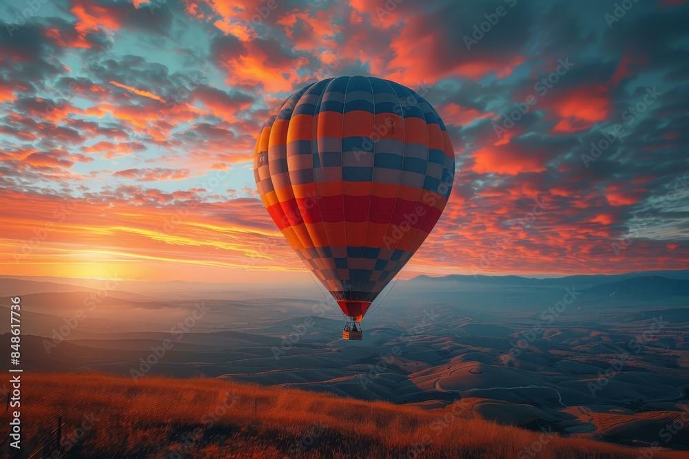 Obraz premium Hot air balloon ride over the mountains at sunset. AI.