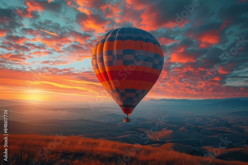 Hot air balloon ride over the mountains at sunset. AI.