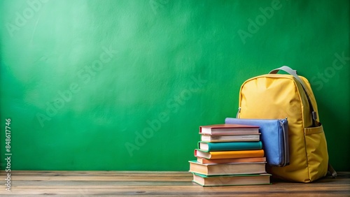 Colorful blurred green wall background with empty space, stacks of books and a school bag leaned against it, conveying a sense of learning.