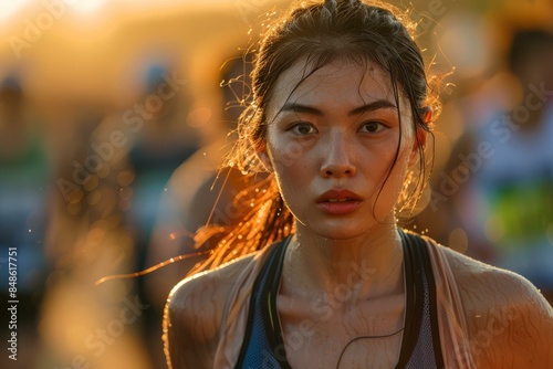 Close-up of a young female runner with sweat on her face. AI. photo