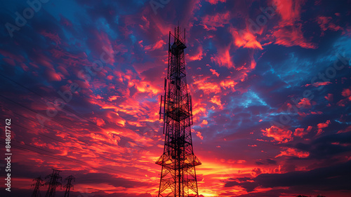 high-voltage power lines at sunset,high voltage electric transmission tower 