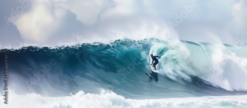 A surfer skillfully rides a massive ocean wave, thrill and challenge of extreme surfing concept. Background, wallpaper, poster, banner design with copyspace photo