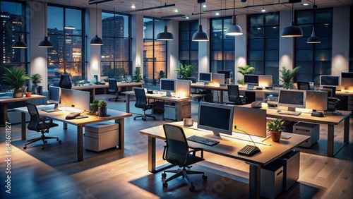 Dark and dimly lit office space with multiple computers and cluttered workstations, conveying a sense of monotony and drudgery in a nine-to-five work environment. © DigitalArt Max
