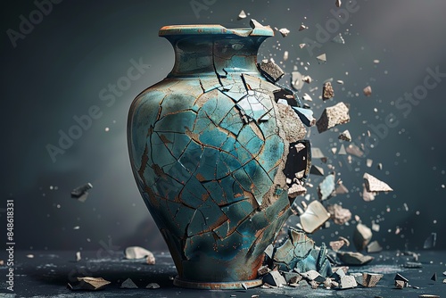 a broken vase with pieces scattered around it