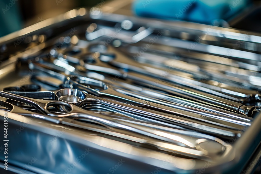 A close-up of surgical instruments neatly arranged on a sterile tray A close-up of surgical instruments neatly arranged on a sterile tray
