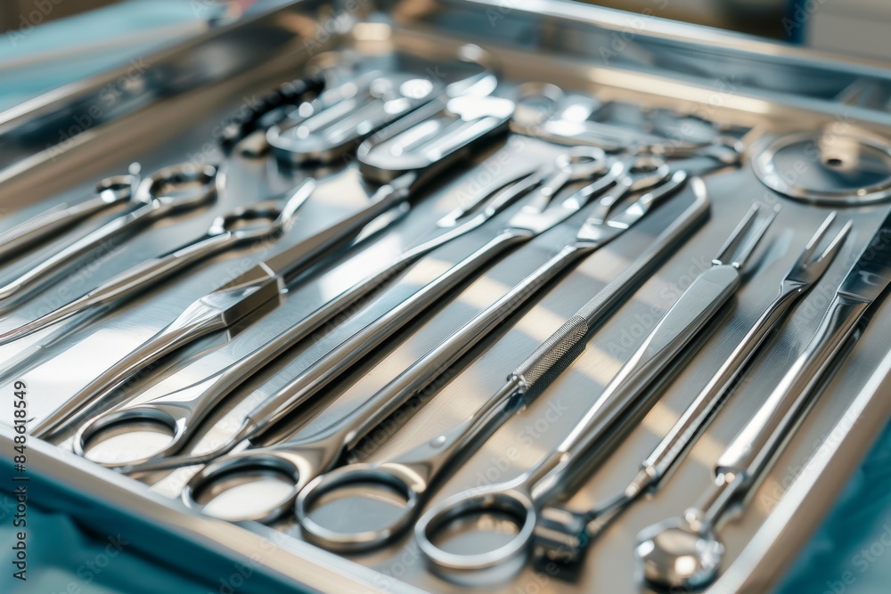Fototapeta premium A close-up of surgical instruments neatly arranged on a sterile tray