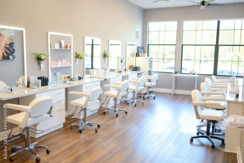 A beauty salon with individual stations for hair, nails, and makeup services A beauty salon with individual stations for hair, nails, and makeup services