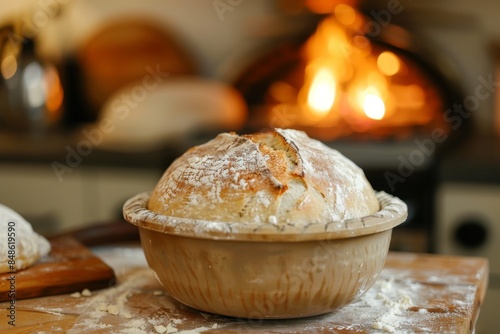 A bread baking process with dough rising in a warm kitchen