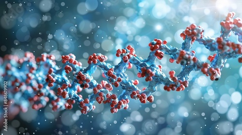 A close-up image of a detailed molecular model of DNA with a blue background